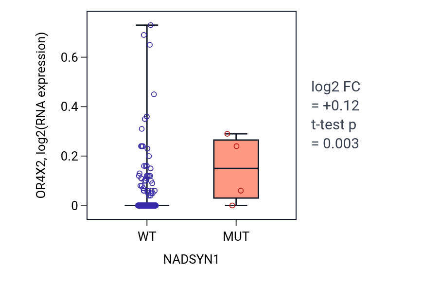 Box plot of OR4X2 in NADSYN1-low vs NADSYN1-high samples in STAD.