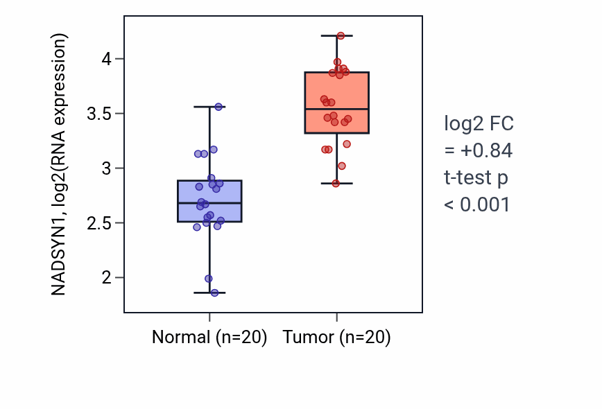 Tumor-vs-normal expression box plot for NADSYN1 RNA in KIRC.
