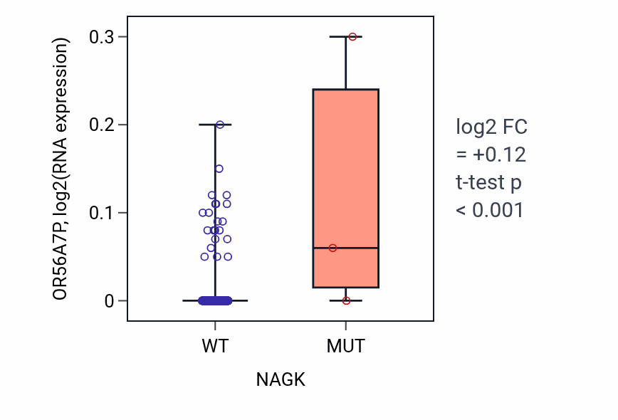Box plot of OR56A7P in NAGK-low vs NAGK-high samples in BLCA.
