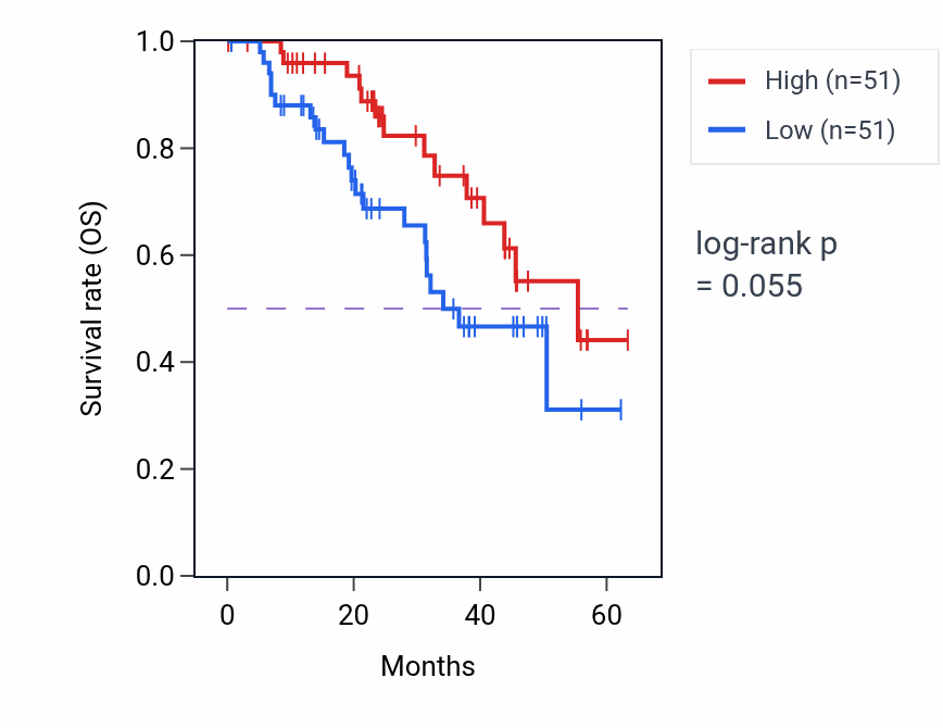 Kaplan&ndash;Meier survival curve for NAGK mass-spec protein-high vs -low samples in HNSC.