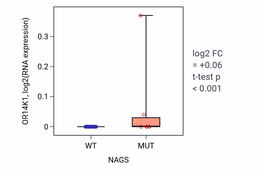 Box plot of OR14K1 in NAGS-low vs NAGS-high samples in LARGE_INTESTINE.