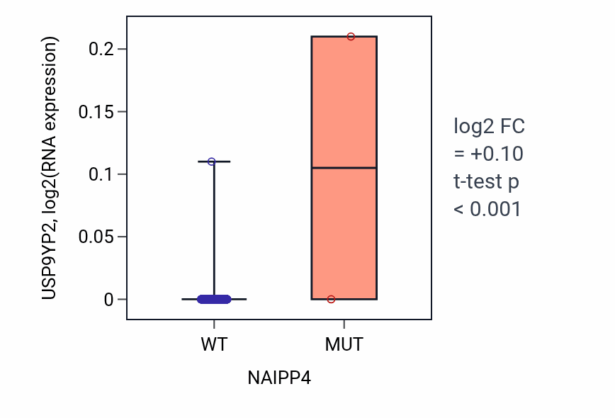 Box plot of USP9YP2 in NAIPP4-low vs NAIPP4-high samples in UCEC.
