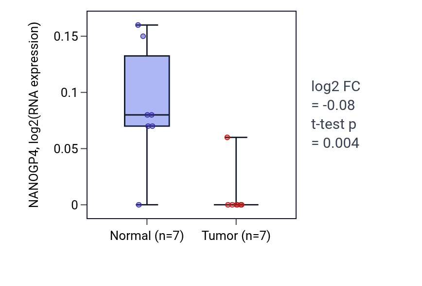 Tumor-vs-normal expression box plot for NANOGP4 in KICH.