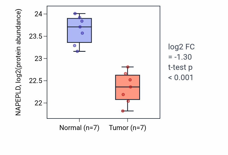 Tumor-vs-normal mass-spec protein box plot for NAPEPLD in CCRCC.