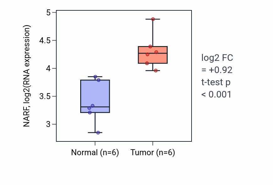 Tumor-vs-normal expression box plot for NARF RNA in KIRC.
