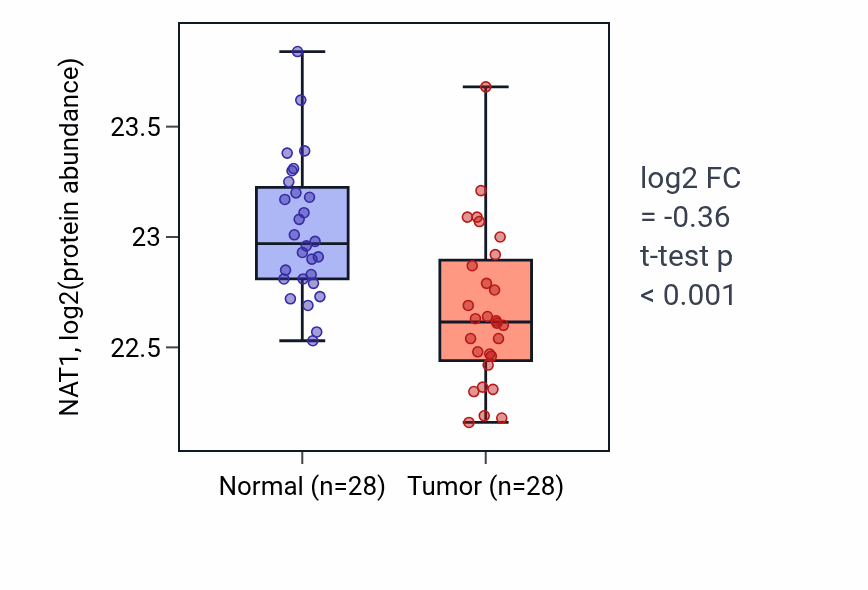 Tumor-vs-normal mass-spec protein box plot for NAT1 in COAD.