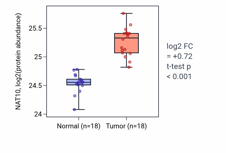 Tumor-vs-normal mass-spec protein box plot for NAT10 in COAD.