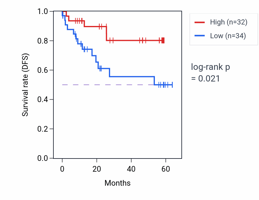 Kaplan&ndash;Meier survival curve for NAT8 mass-spec protein-high vs -low samples in CCRCC.