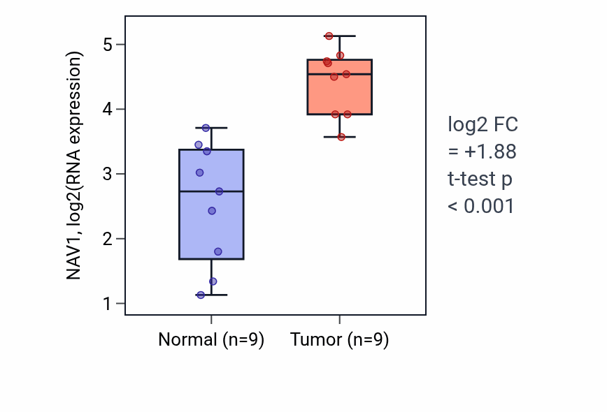 Tumor-vs-normal expression box plot for NAV1 RNA in HNSC.