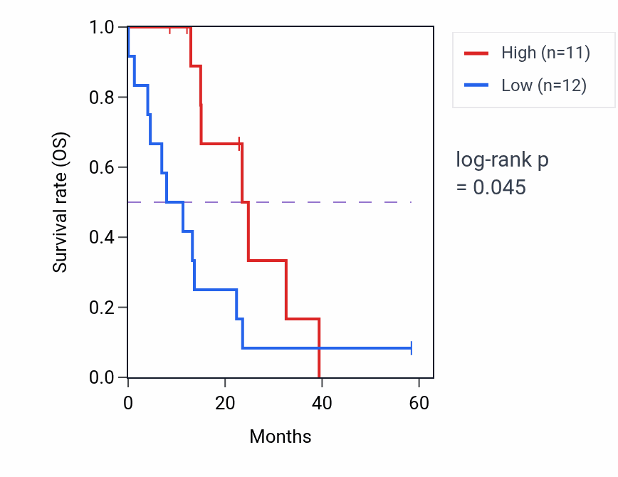 Kaplan&ndash;Meier survival curve for NAXE mass-spec protein-high vs -low samples in PDAC.