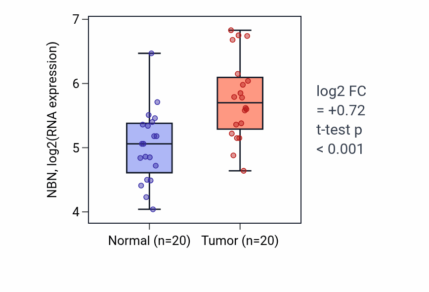 Tumor-vs-normal expression box plot for NBN RNA in KIRC.