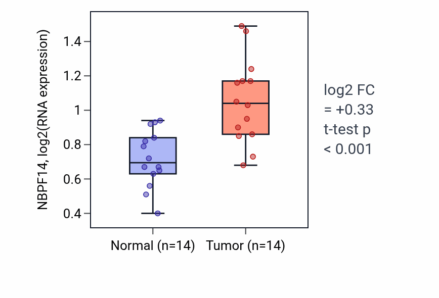 Tumor-vs-normal expression box plot for NBPF14 RNA in KIRC.