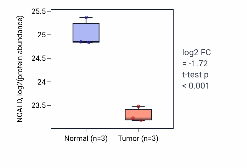 Tumor-vs-normal mass-spec protein box plot for NCALD in LSCC.