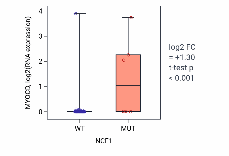Box plot of MYOCD in NCF1-low vs NCF1-high samples in BLOOD_Leukemia.