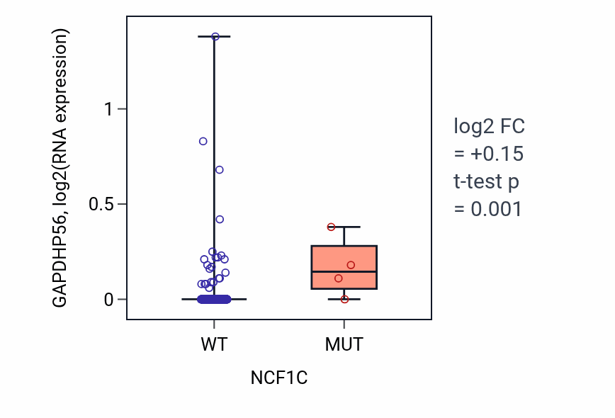 Box plot of GAPDHP56 in NCF1C-low vs NCF1C-high samples in COAD.
