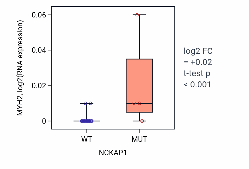Box plot of MYH2 in NCKAP1-low vs NCKAP1-high samples in OESOPHAGUS.