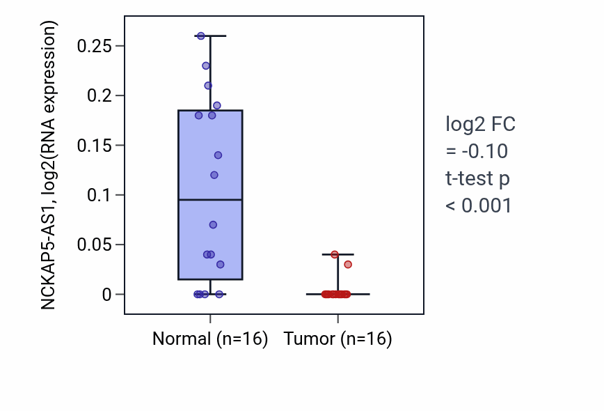 Tumor-vs-normal expression box plot for NCKAP5-AS1 RNA in LUSC.