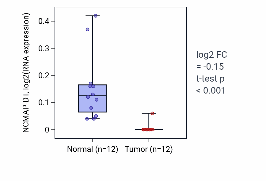 Tumor-vs-normal expression box plot for NCMAP-DT in KIRC.