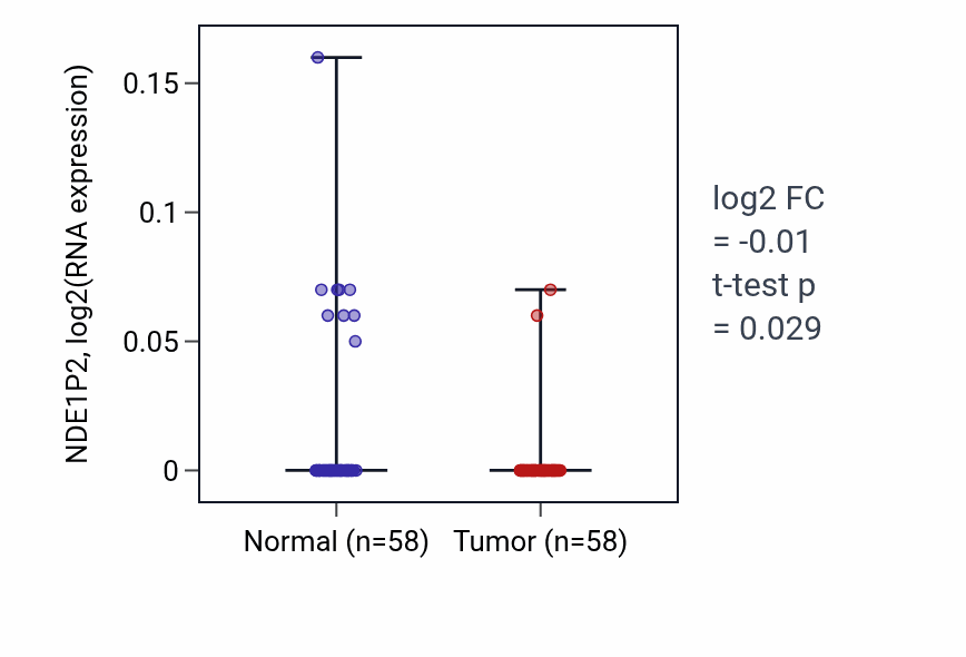 Tumor-vs-normal expression box plot for NDE1P2 in THCA.