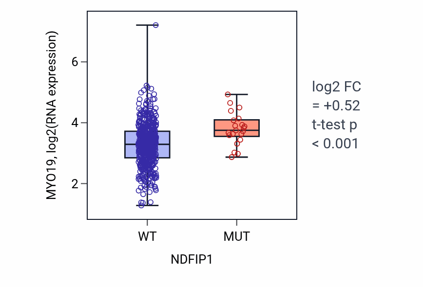 Box plot of MYO19 in NDFIP1-low vs NDFIP1-high samples in UCEC.