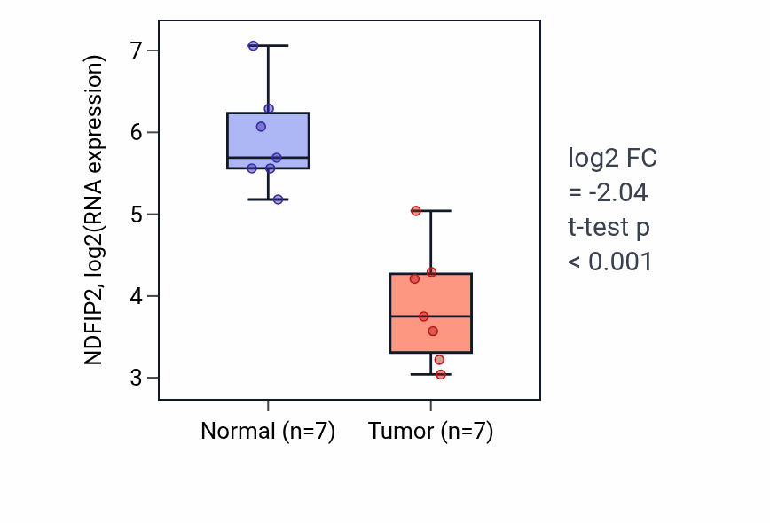 Tumor-vs-normal expression box plot for NDFIP2 RNA in KICH.