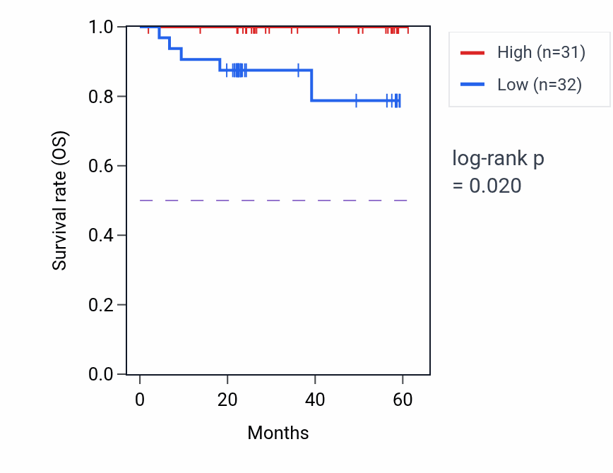 Kaplan&ndash;Meier survival curve for NDUFA11 mass-spec protein-high vs -low samples in UCEC.