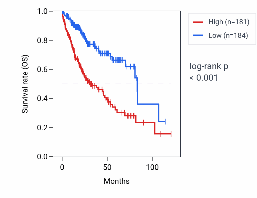 Kaplan&ndash;Meier survival curve for NDUFAF2P1 RNA expression in LIHC: high vs low expression groups.