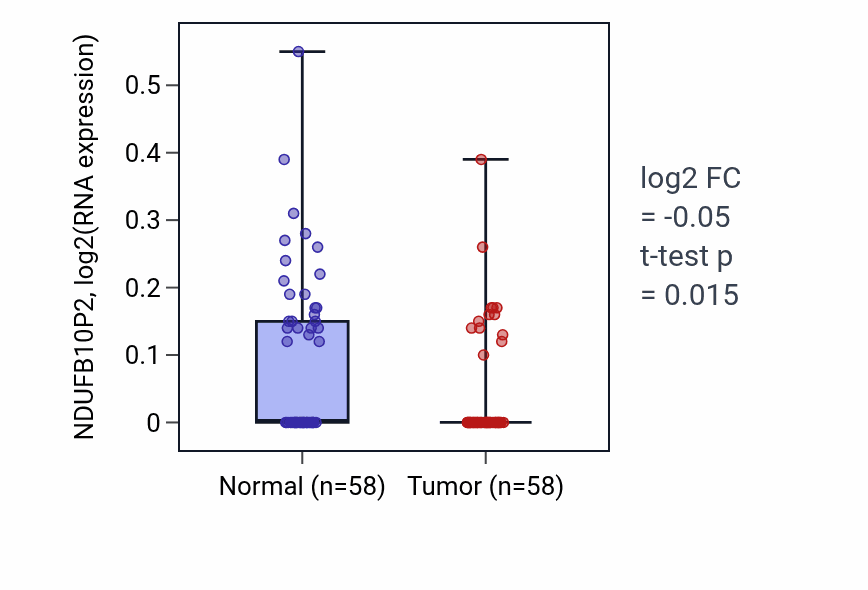 Tumor-vs-normal expression box plot for NDUFB10P2 in THCA.