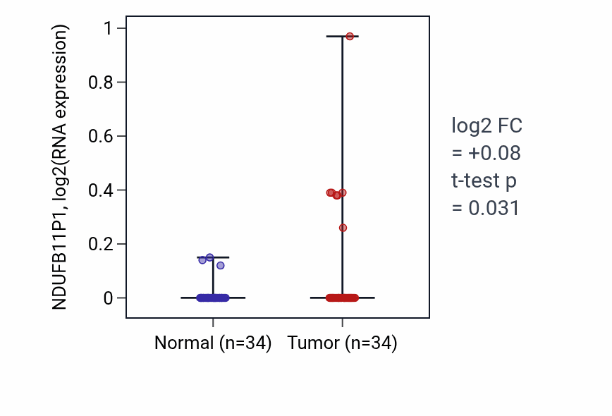 Tumor-vs-normal expression box plot for NDUFB11P1 in COAD.