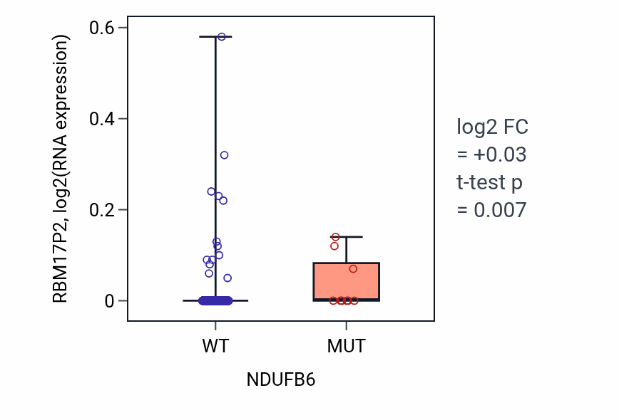 Box plot of RBM17P2 in NDUFB6-low vs NDUFB6-high samples in UCEC.