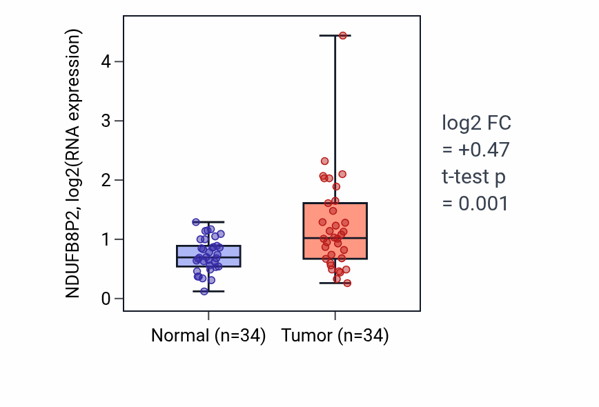 Tumor-vs-normal expression box plot for NDUFB8P2 RNA in COAD.