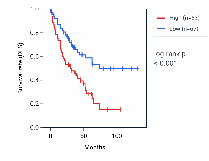 Kaplan&ndash;Meier survival curve for NDUFV2-AS1 RNA expression in KIRC: high vs low expression groups.