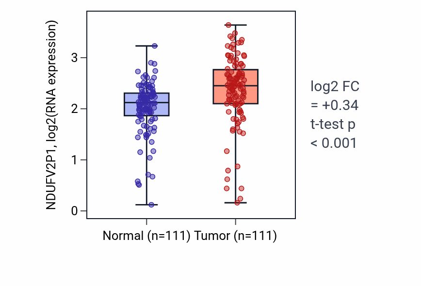 Tumor-vs-normal expression box plot for NDUFV2P1 RNA in BRCA.