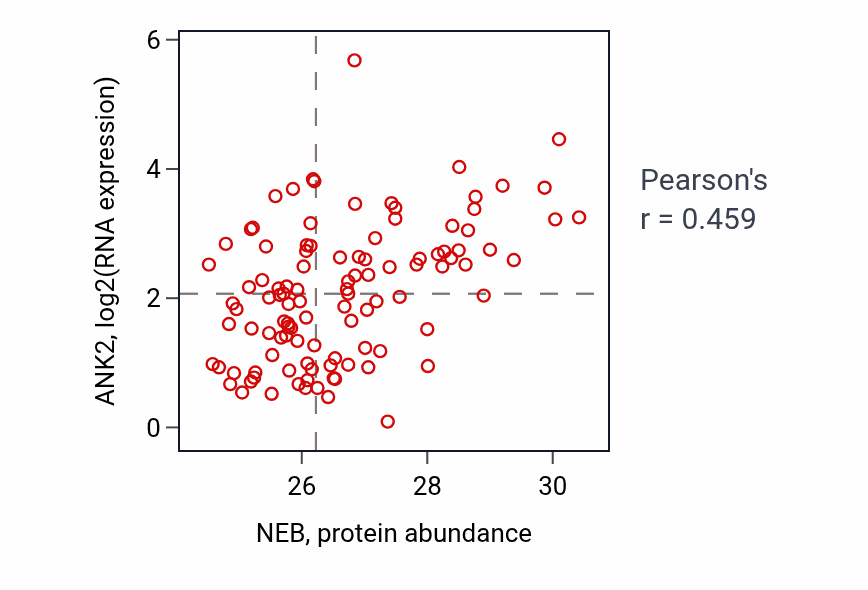 Per-sample scatter of NEB vs ANK2 in HNSC (Pearson r = 0.46).