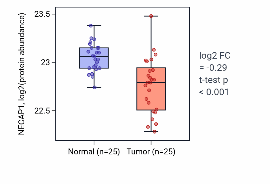 Tumor-vs-normal mass-spec protein box plot for NECAP1 in COAD.