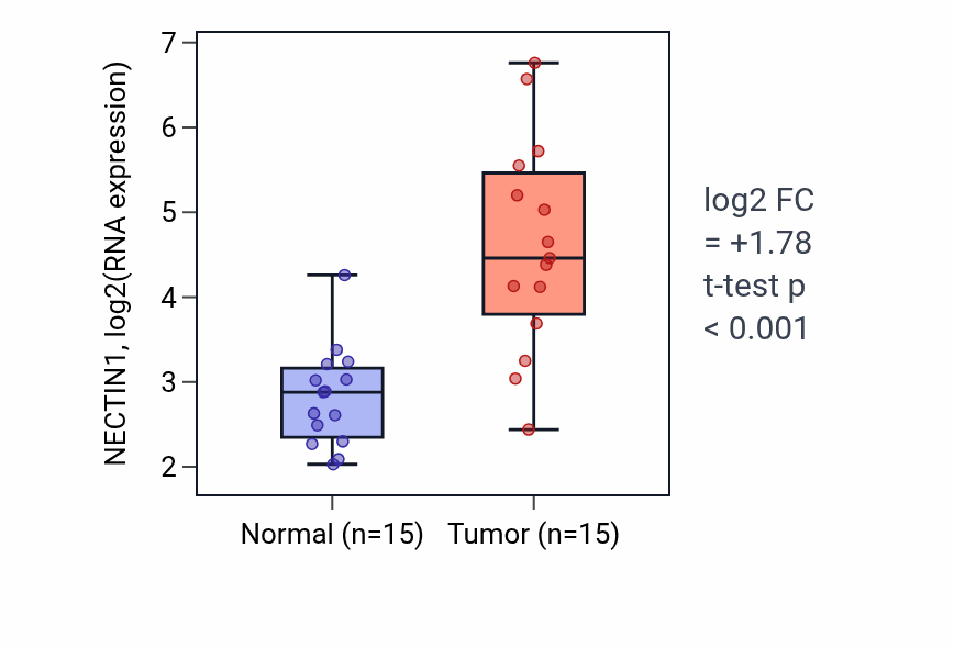 Tumor-vs-normal expression box plot for NECTIN1 RNA in LUAD.
