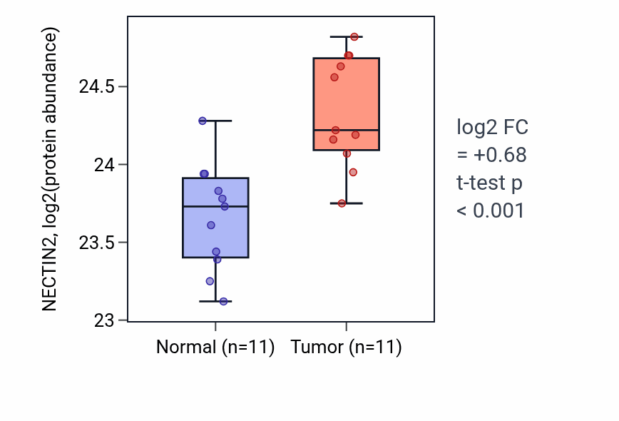 Tumor-vs-normal mass-spec protein box plot for NECTIN2 in PDAC.