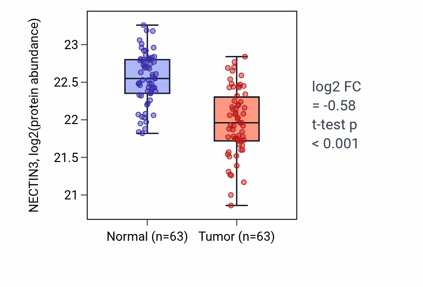 Tumor-vs-normal mass-spec protein box plot for NECTIN3 in CCRCC.