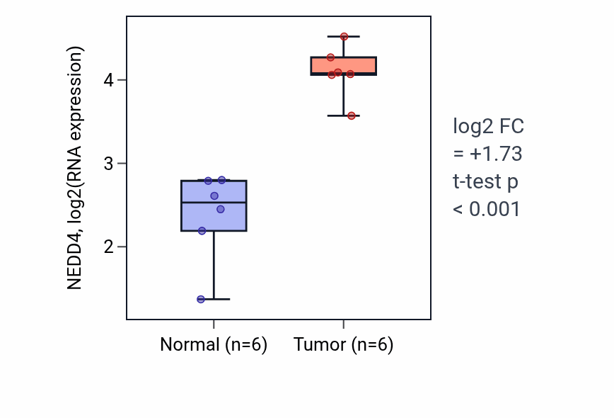 Tumor-vs-normal expression box plot for NEDD4 RNA in HNSC.