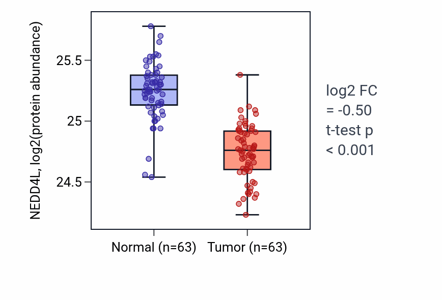 Tumor-vs-normal mass-spec protein box plot for NEDD4L in CCRCC.