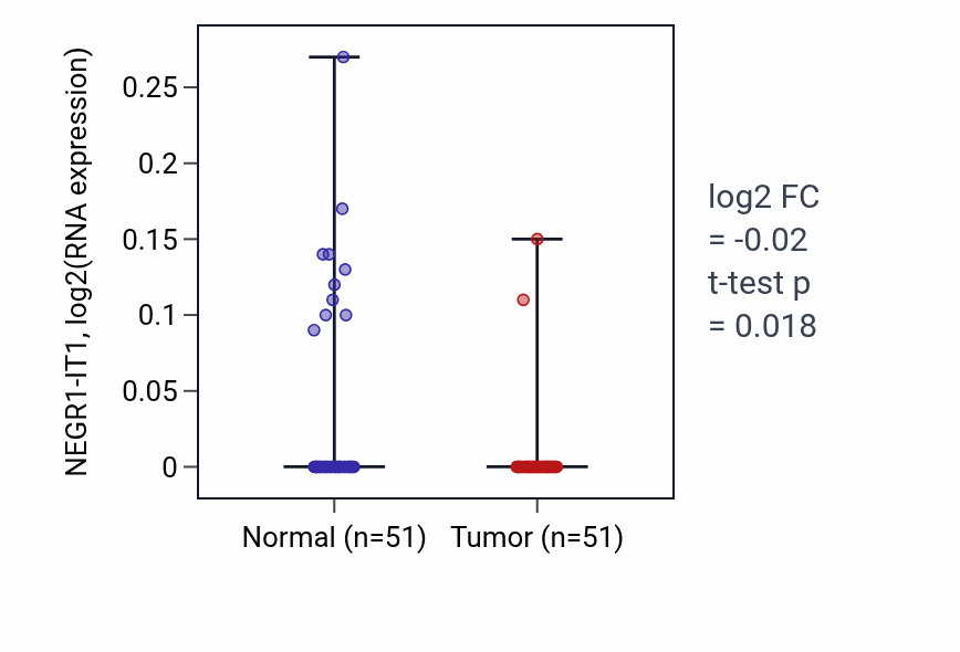 Tumor-vs-normal expression box plot for NEGR1-IT1 in KIRC.