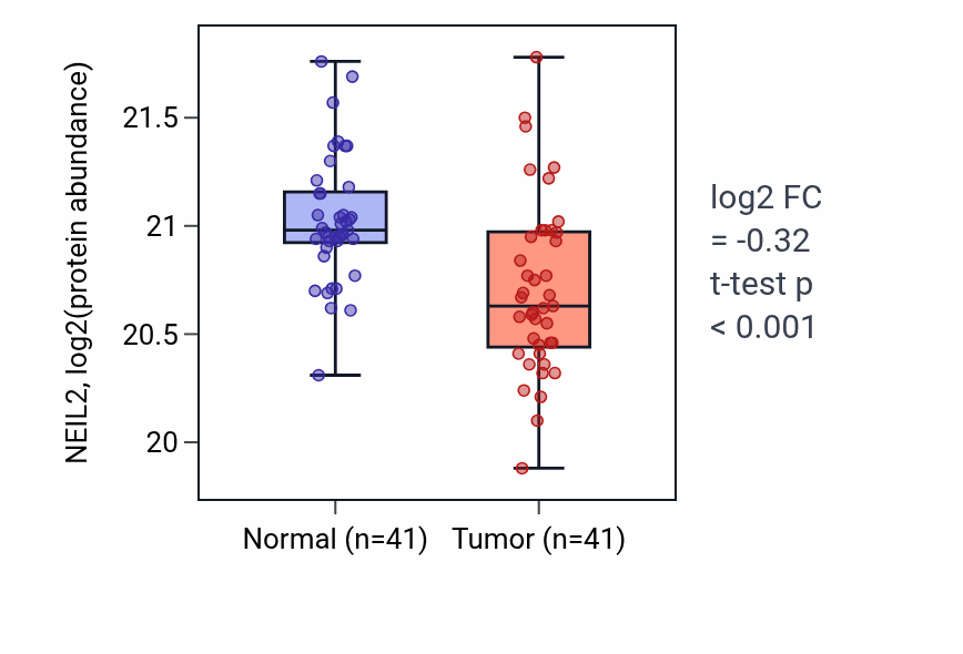 Tumor-vs-normal mass-spec protein box plot for NEIL2 in HNSC.