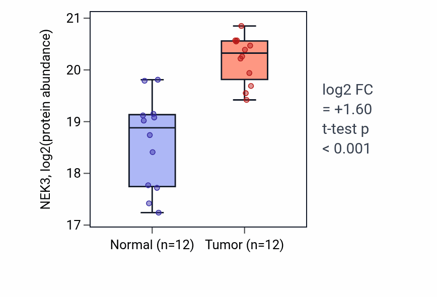 Tumor-vs-normal mass-spec protein box plot for NEK3 in PDAC.