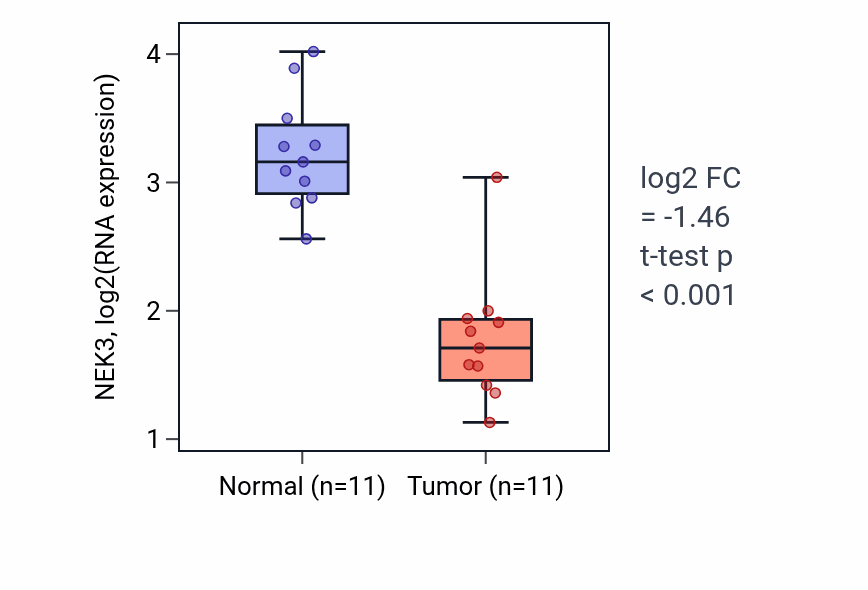 Tumor-vs-normal expression box plot for NEK3 RNA in KICH.