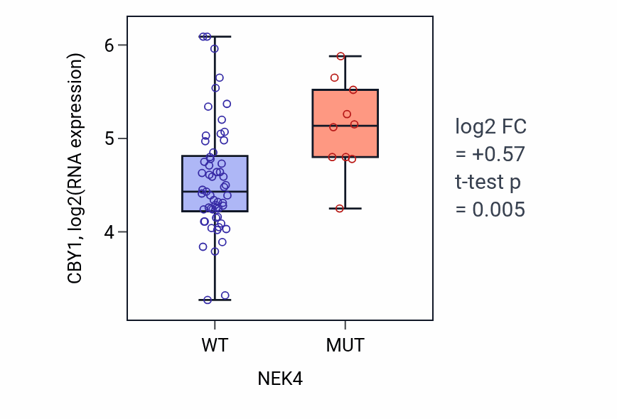 Box plot of CBY1 in NEK4-low vs NEK4-high samples in LARGE_INTESTINE.