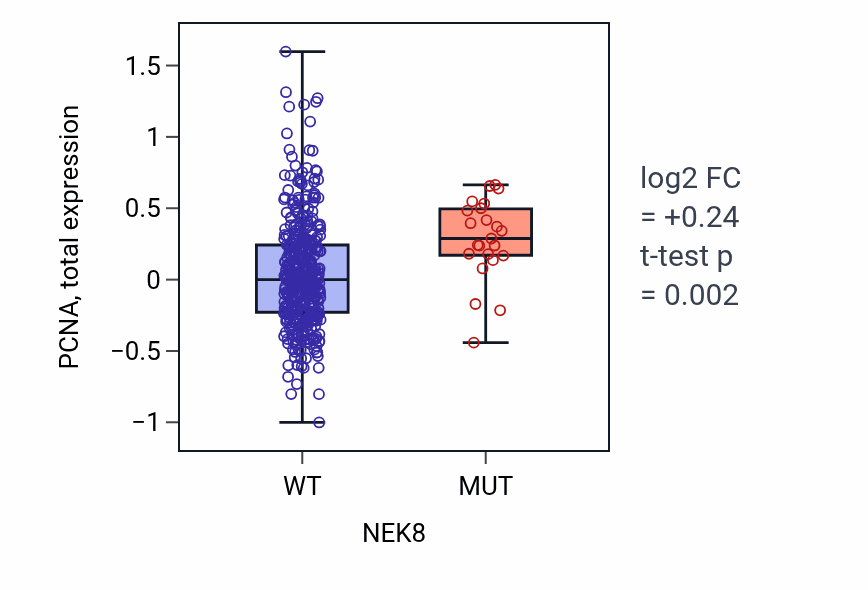 Box plot of PCNA in NEK8-low vs NEK8-high samples in UCEC.