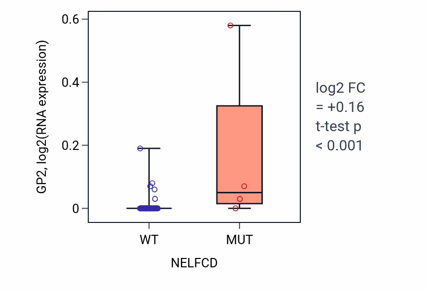 Box plot of GP2 in NELFCD-low vs NELFCD-high samples in OVARY.