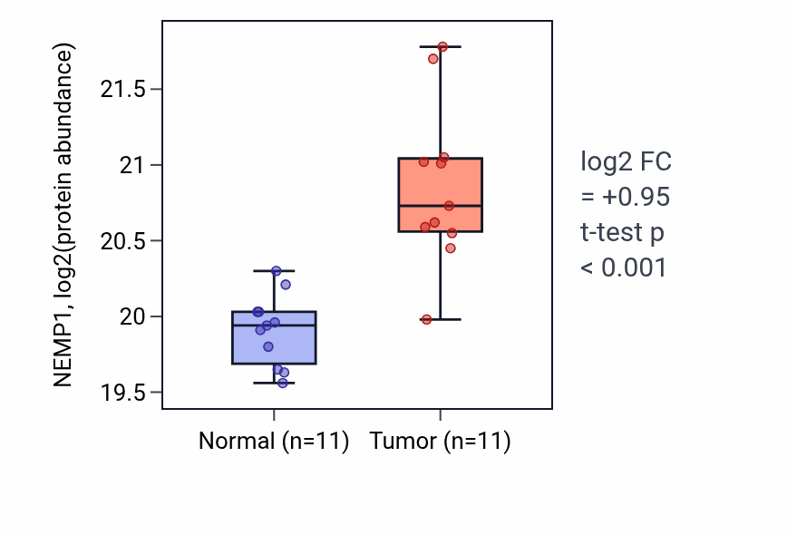 Tumor-vs-normal mass-spec protein box plot for NEMP1 in HNSC.