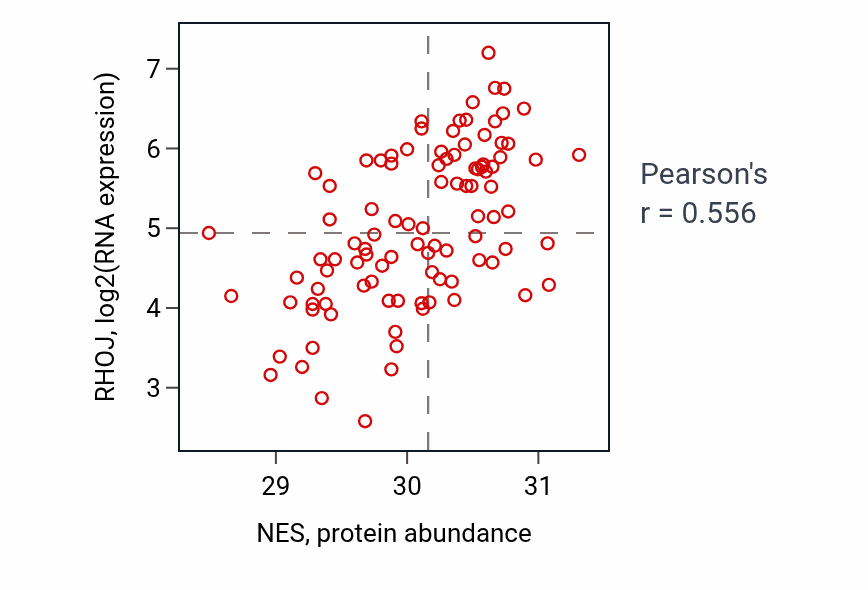 Per-sample scatter of NES vs RHOJ in GBM (Pearson r = 0.56).