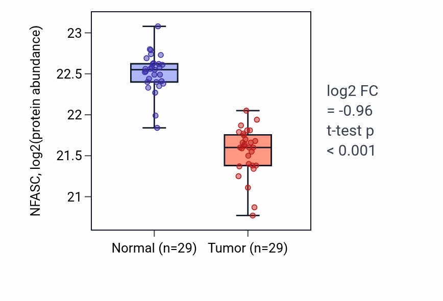 Tumor-vs-normal mass-spec protein box plot for NFASC in CCRCC.